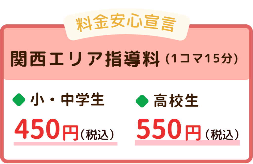 関西エリアの指導料（1コマ15分）料金安心宣言。小学生450円（税込）、中学生450円（税込）、高校生550円（税込）