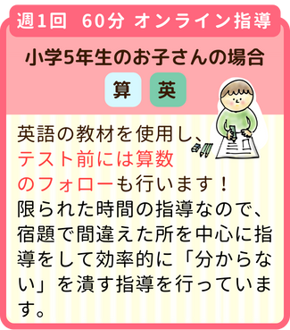 週1回60分オンライン指導小学5年生のお子さん：英語の教材を使用しテスト前には算数のフォローも