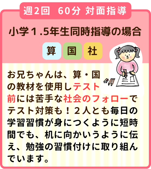 週2回60分対面指導、小学1・5年生同時指導：お兄ちゃんは算・国の教材の使用しテスト前には苦手な社会のフォローでテスト対策も！