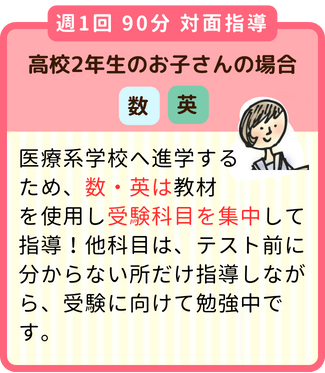 週1回90分対面指導の高校2年生のお子さん：医療系学校へ進学するため、数・英は教材を使用し受験科目を集中して指導！他科目はテスト前に分からない所だけを指導。