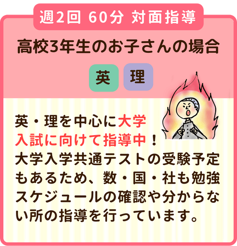 週2回60分対面指導の高校3年生のお子さん：英・理を中心に大学入試に向けて指導中！大学入学共通テストの受験予定もあるため、数・国・社も勉強スケジュールの確認や分からない所の指導も。