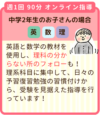 週1回90分オンライン指導、中学2年生のお子さん：英語と数学の教材を使用し、理科の分からない所のフォローも