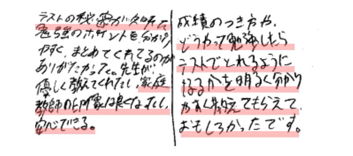 ももちゃん：テストの秘密が知れた。勉強のポイントを分かりやすく、まとめてくれてるのがありがたかった。先生が優しく教えてくれたし、家庭教師の印象は良くなったし、安心できる。

ひなちゃん：成績のつき方や、どうやって勉強したらテストでとれるようになるか明るく分かりやすく教えてもらえておもしろかったです。